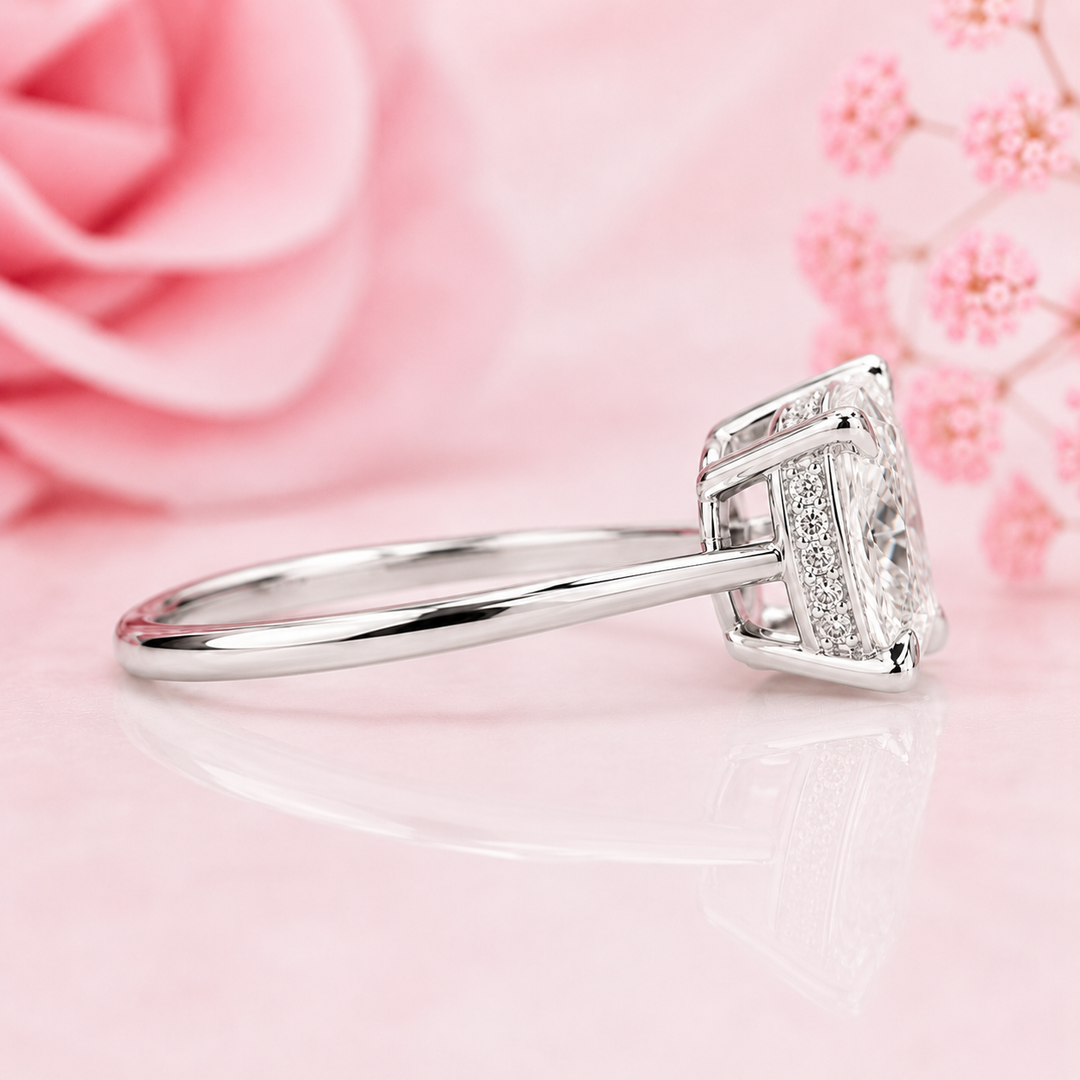 Elongated Cushion Cut East West Engagement Ring in White Gold