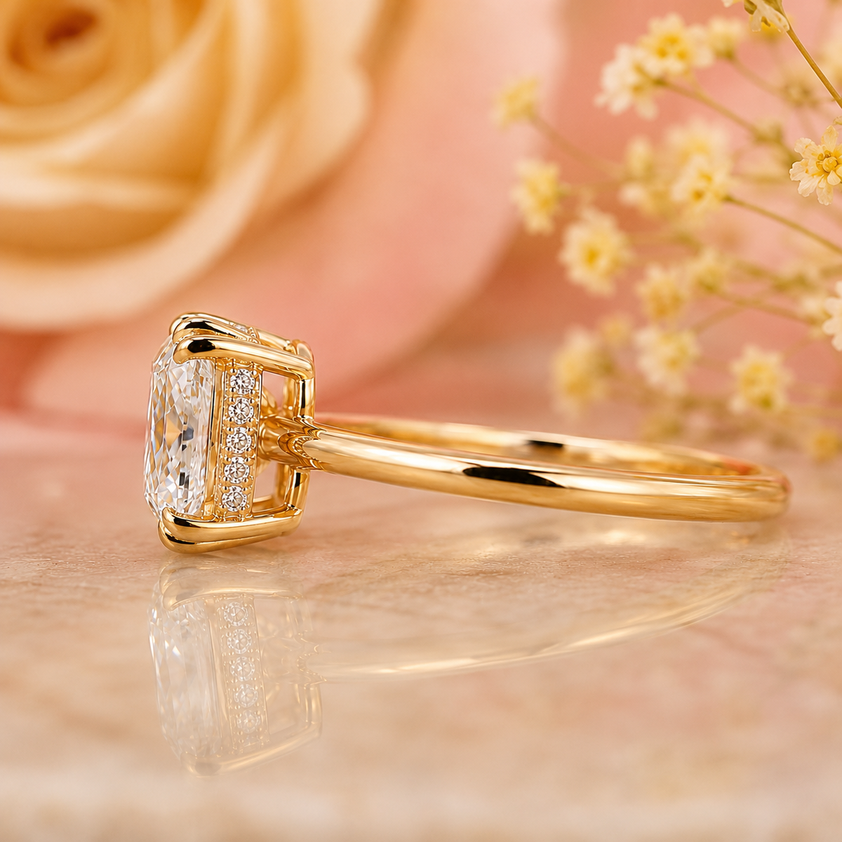 Elongated cushion cut east west engagement ring in yellow gold