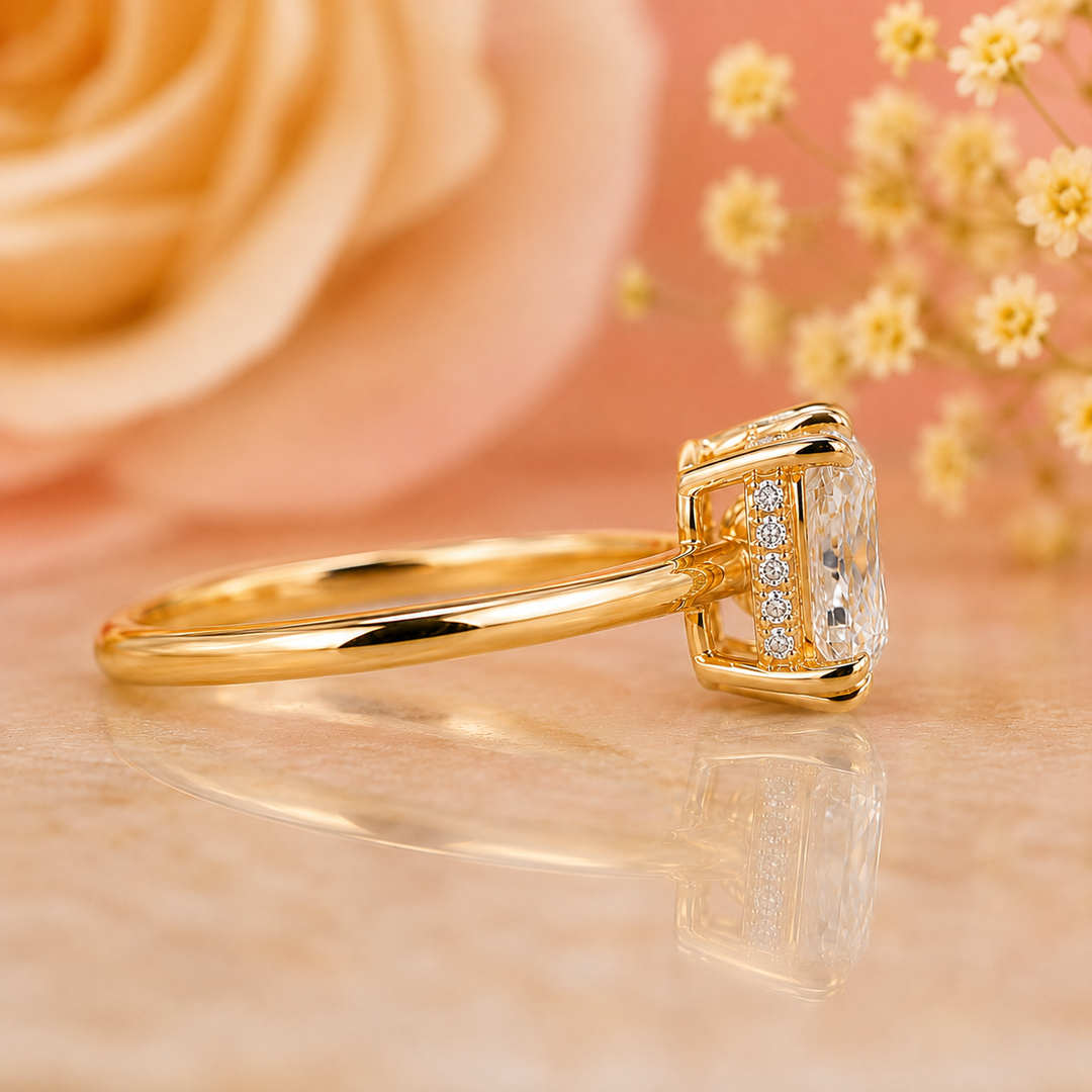 Elongated Cushion Cut East West Engagement Ring in Yellow Gold
