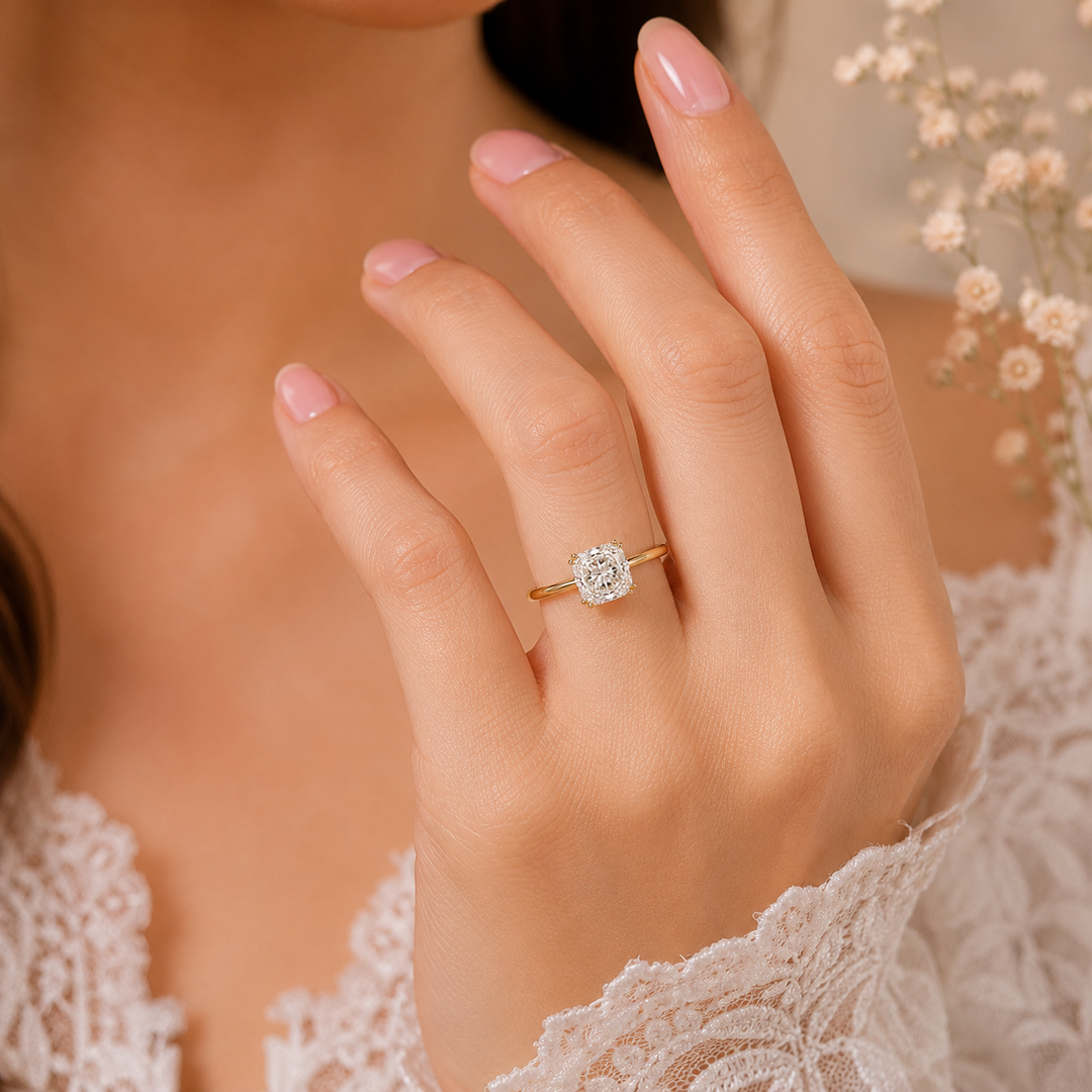 Elongated Cushion Cut East West Engagement Ring in Yellow Gold