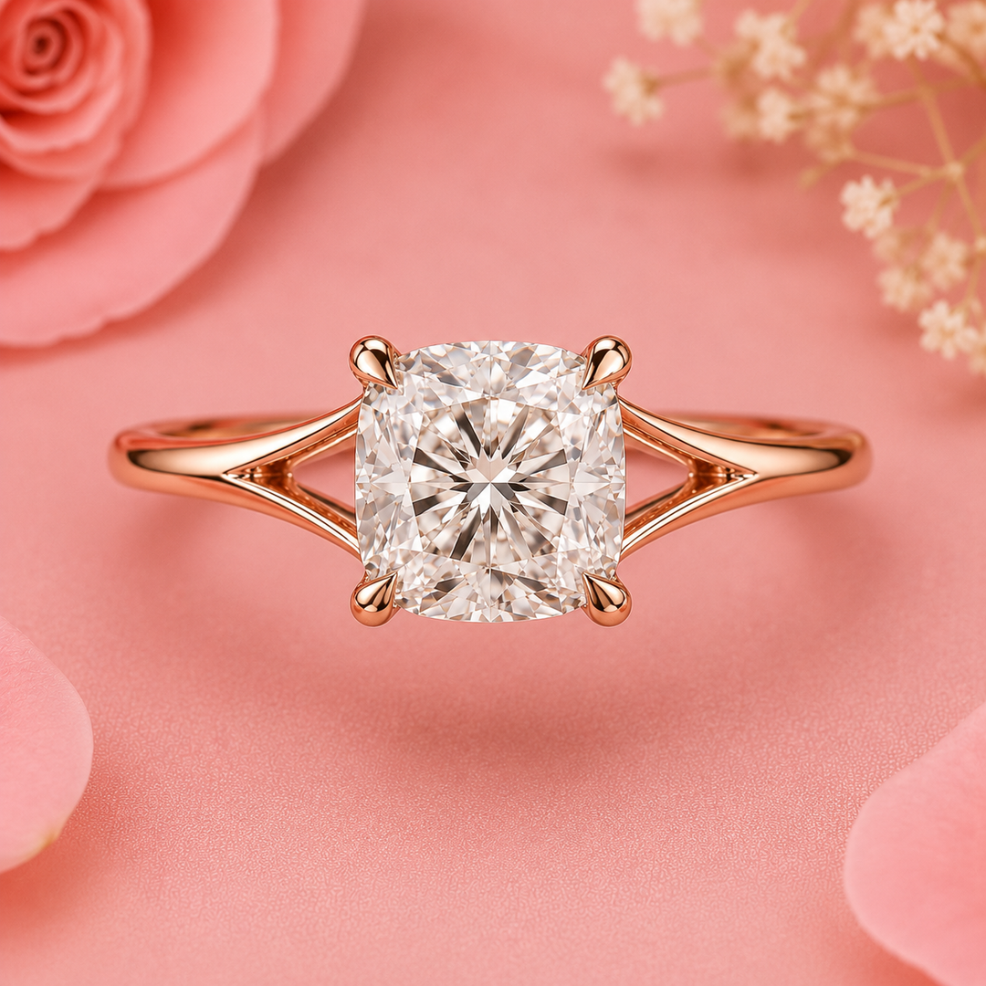 Elongated Cushion Cut Lab Grown Diamond Solitaire Engagement Ring in Rose Gold