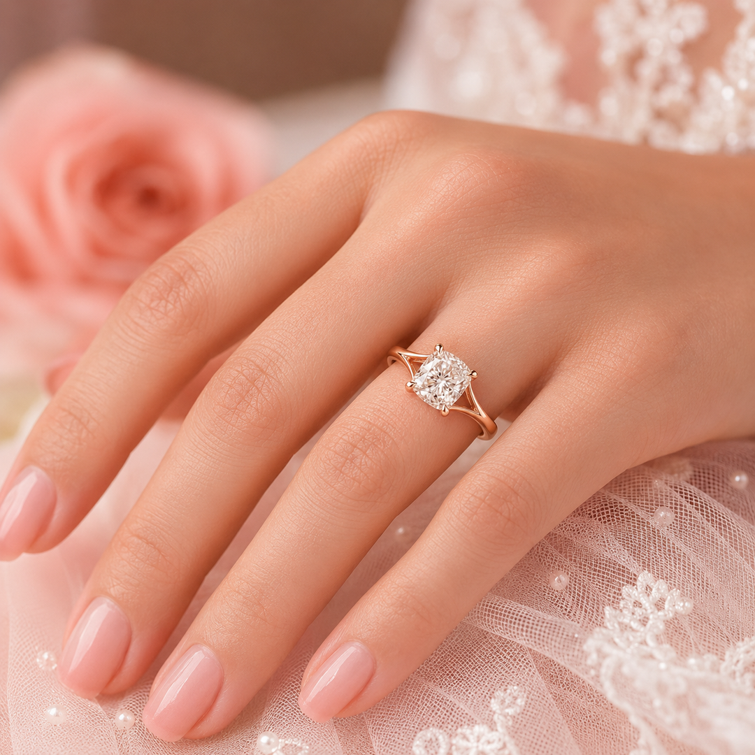 Elongated Cushion Cut Lab Grown Diamond Solitaire Engagement Ring in Rose Gold