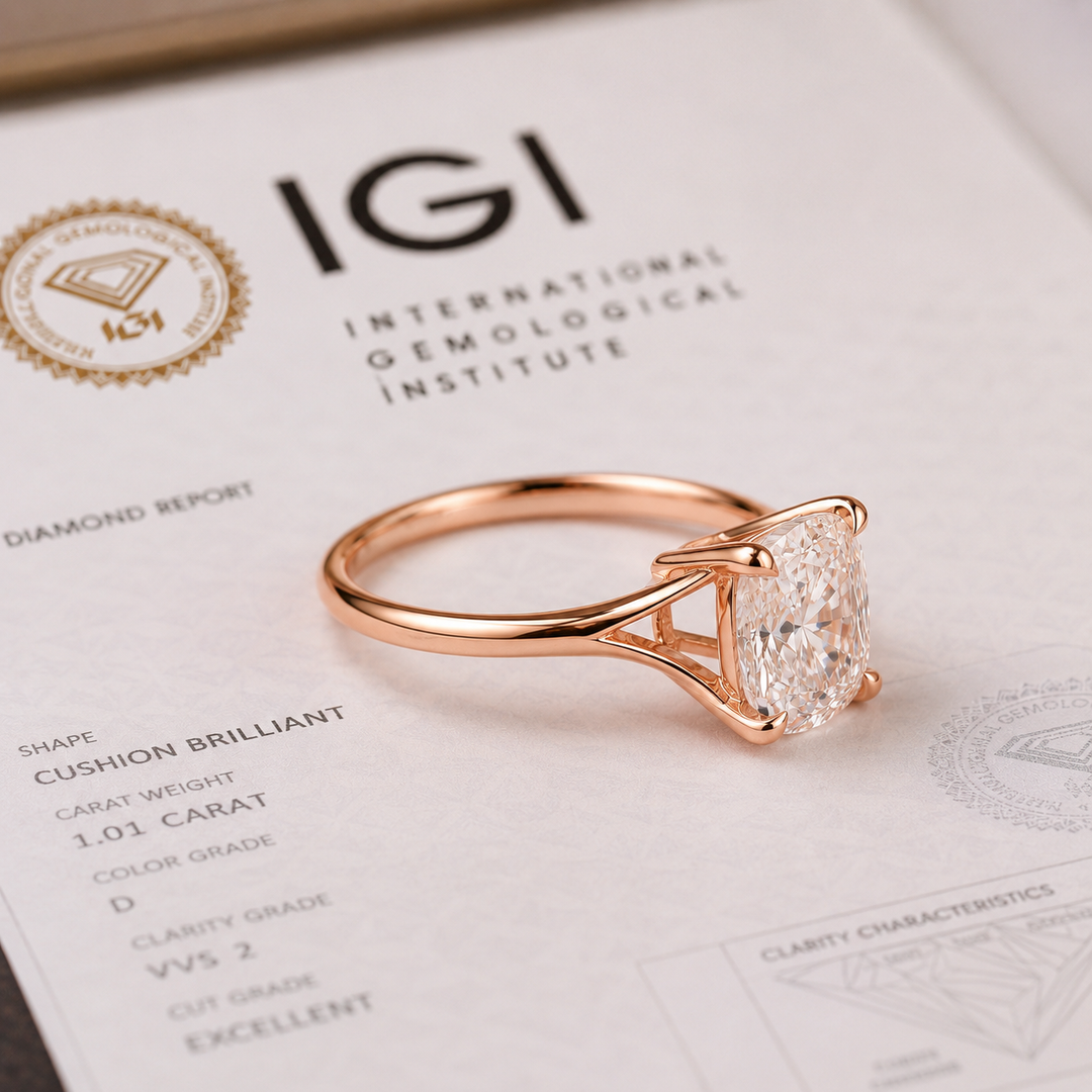 Elongated Cushion Cut Lab Grown Diamond Solitaire Engagement Ring in Rose Gold