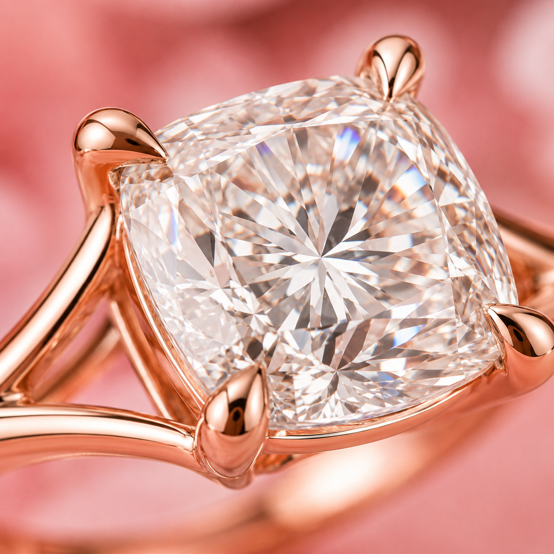 Elongated Cushion Cut Lab Grown Diamond Solitaire Engagement Ring in Rose Gold