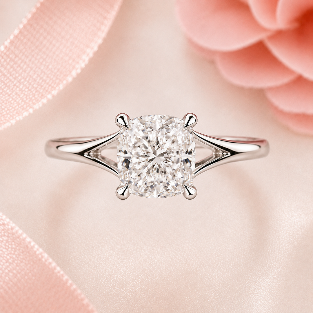 Elongated Cushion Cut Lab Grown Diamond Solitaire Engagement Ring in 925 Sterling Silver