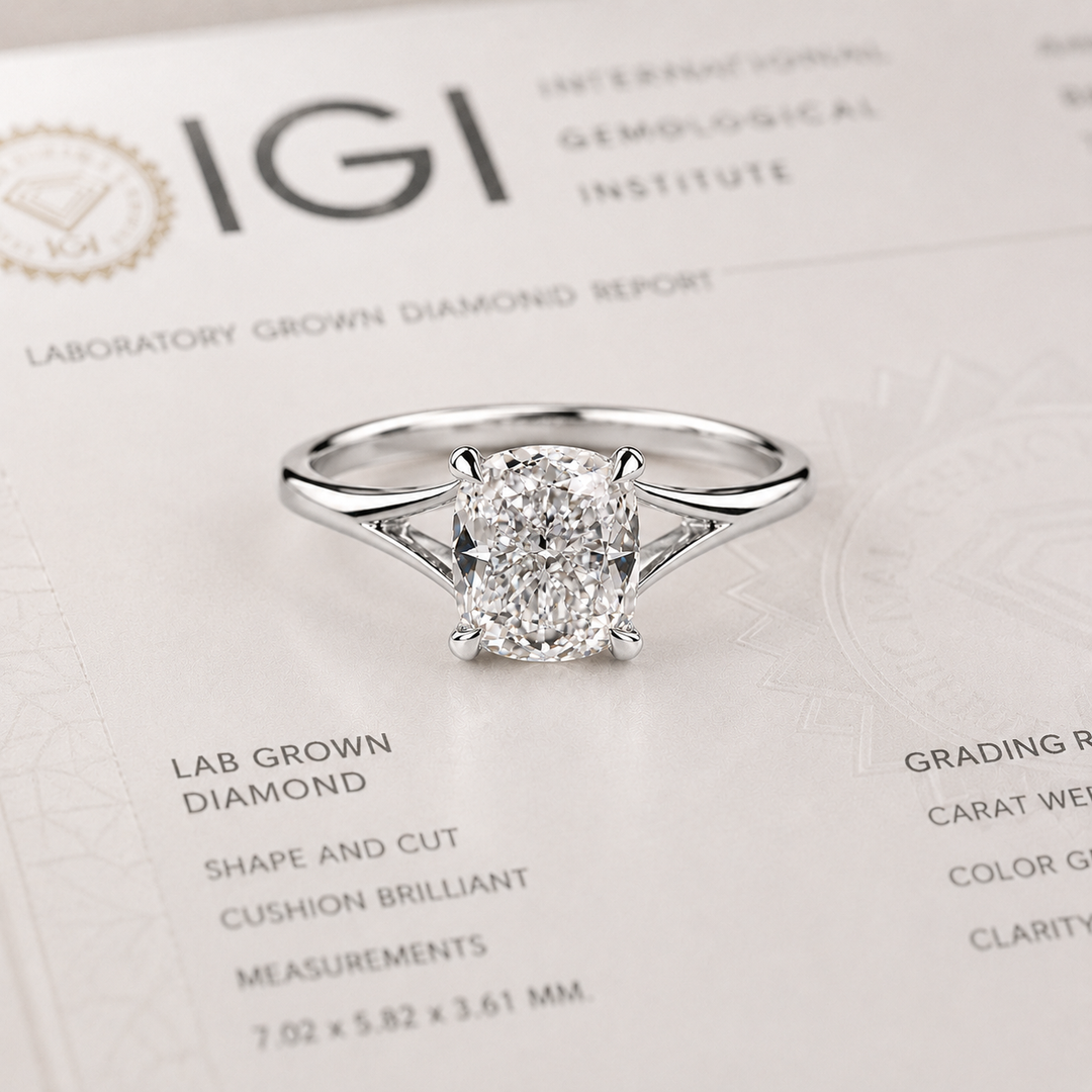 Elongated Cushion Cut Lab Grown Diamond Solitaire Engagement Ring in White Gold