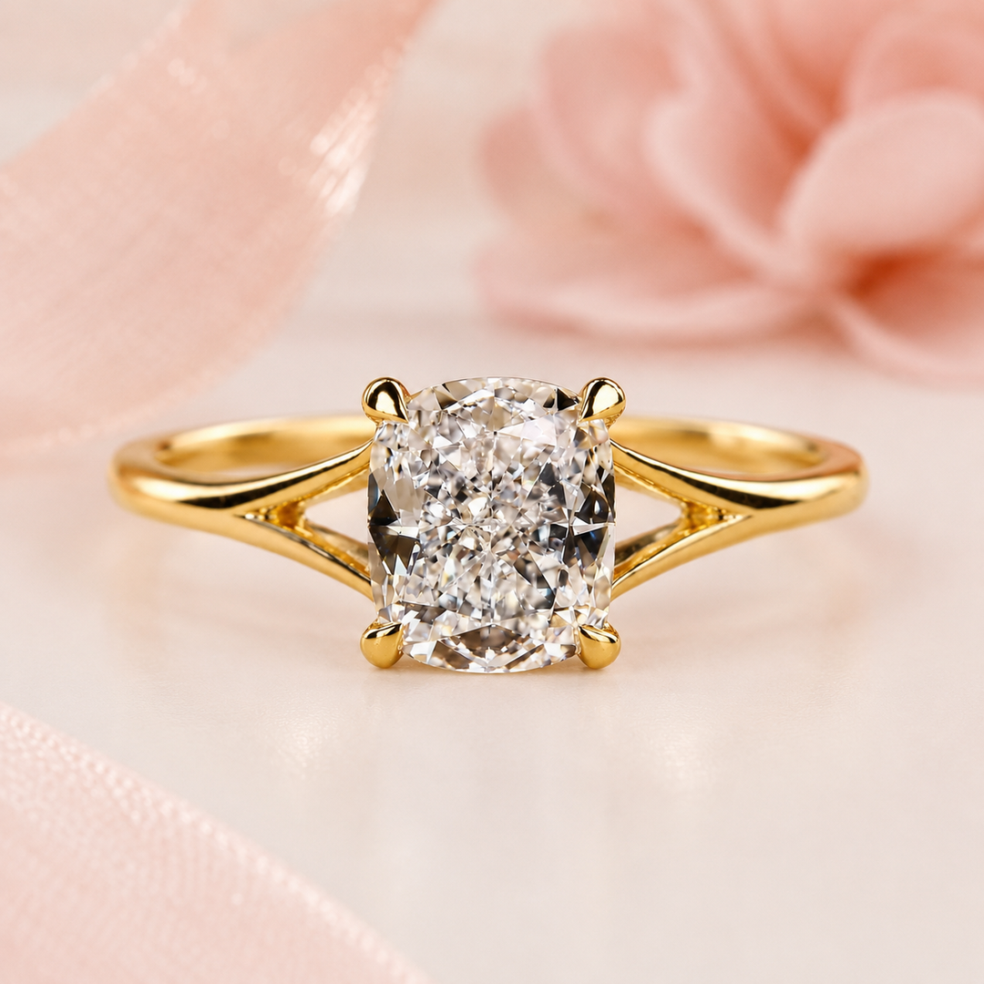 Elongated Cushion Cut Lab Grown Diamond Solitaire Engagement Ring in Yellow Gold