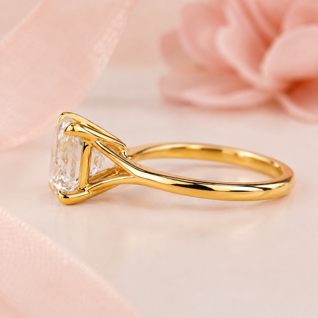 Elongated Cushion Cut Lab Grown Diamond Solitaire Engagement Ring in Yellow Gold