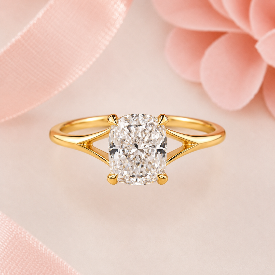 Elongated Cushion Cut Lab Grown Diamond Solitaire Engagement Ring in Yellow Gold