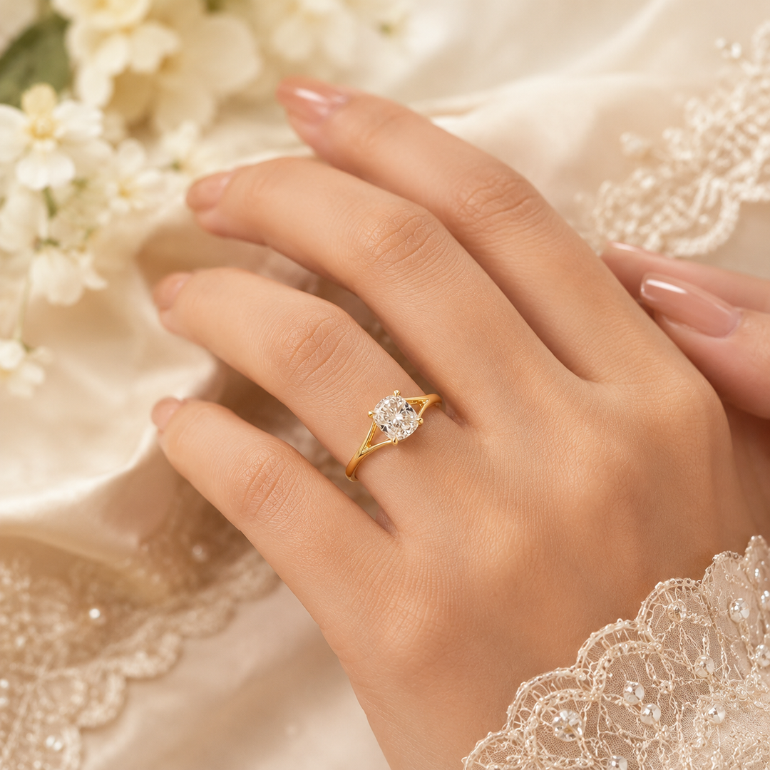 Elongated Cushion Cut Lab Grown Diamond Solitaire Engagement Ring in Yellow Gold