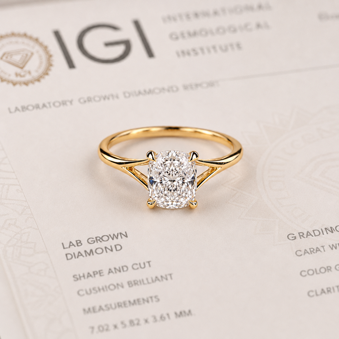 Elongated Cushion Cut Lab Grown Diamond Solitaire Engagement Ring in Yellow Gold
