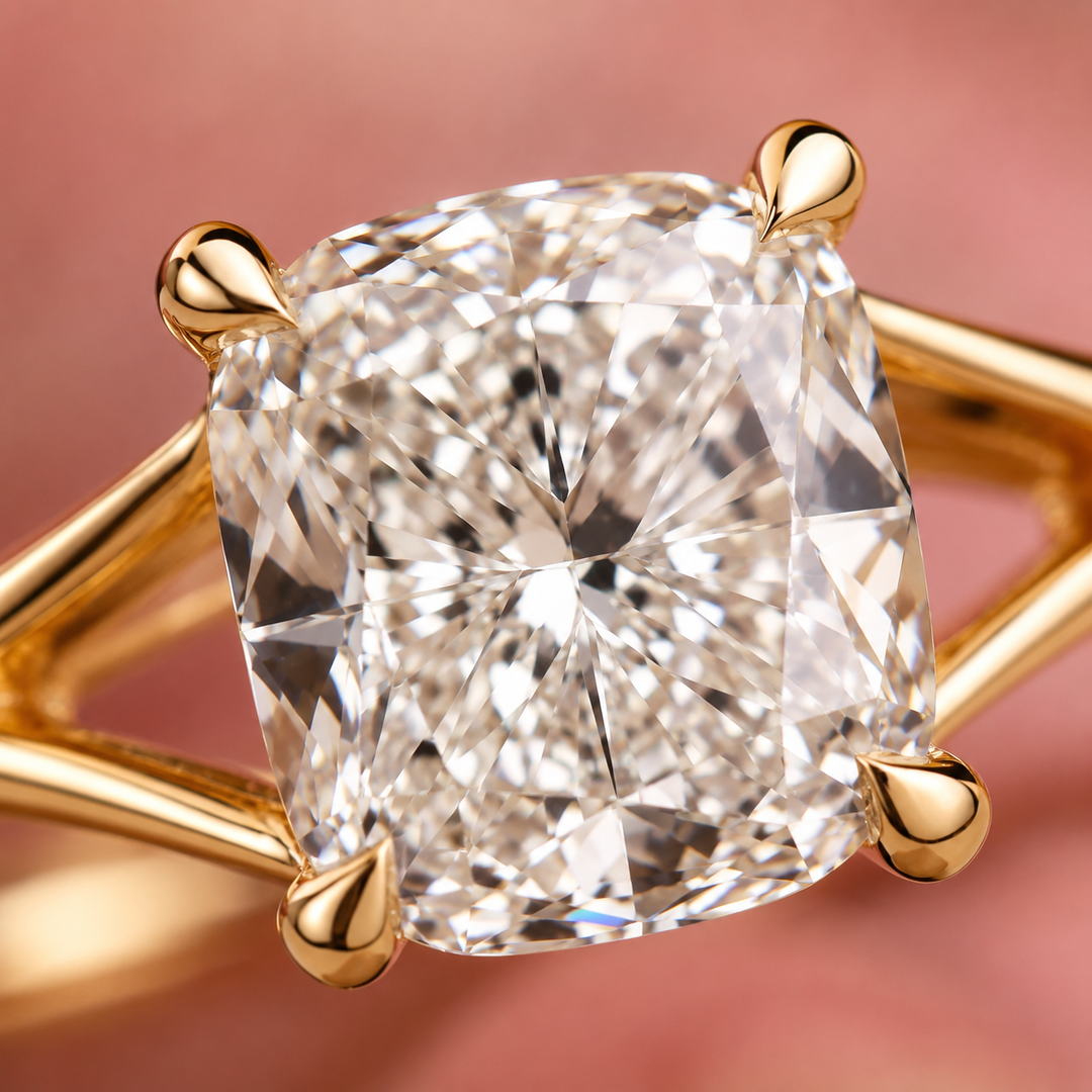 Elongated Cushion Cut Lab Grown Diamond Solitaire Engagement Ring in Yellow Gold