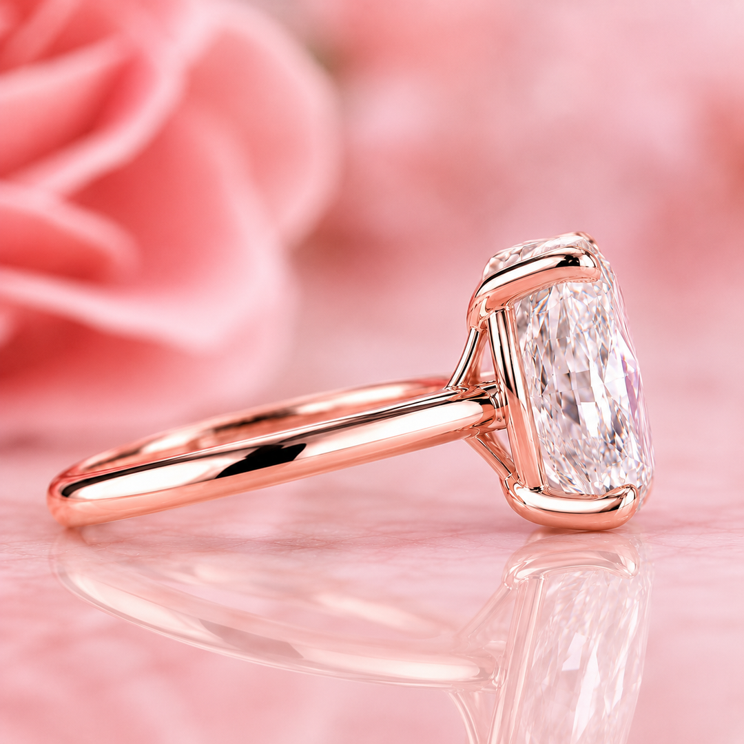 Elongated Cushion Cut Solitaire Engagement Ring in Lab Created Diamond in Rose Gold