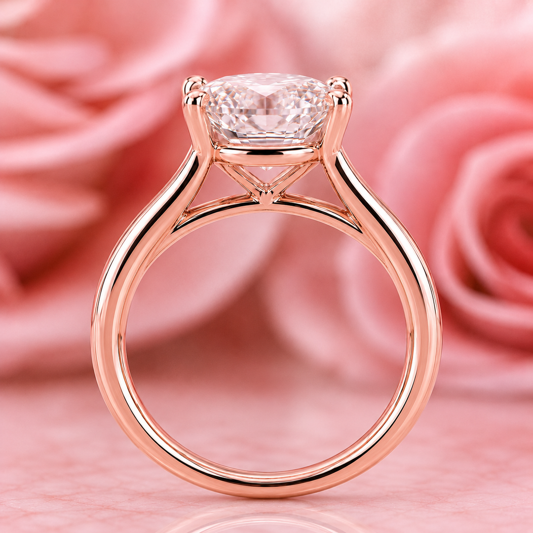 Elongated Cushion Cut Solitaire Engagement Ring in Lab Created Diamond in Rose Gold