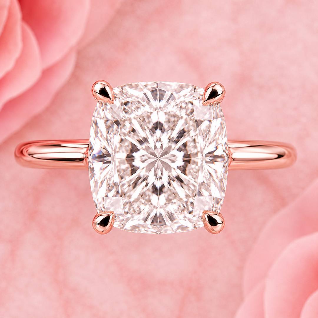 Elongated Cushion Cut Solitaire Engagement Ring in Lab Created Diamond in Rose Gold