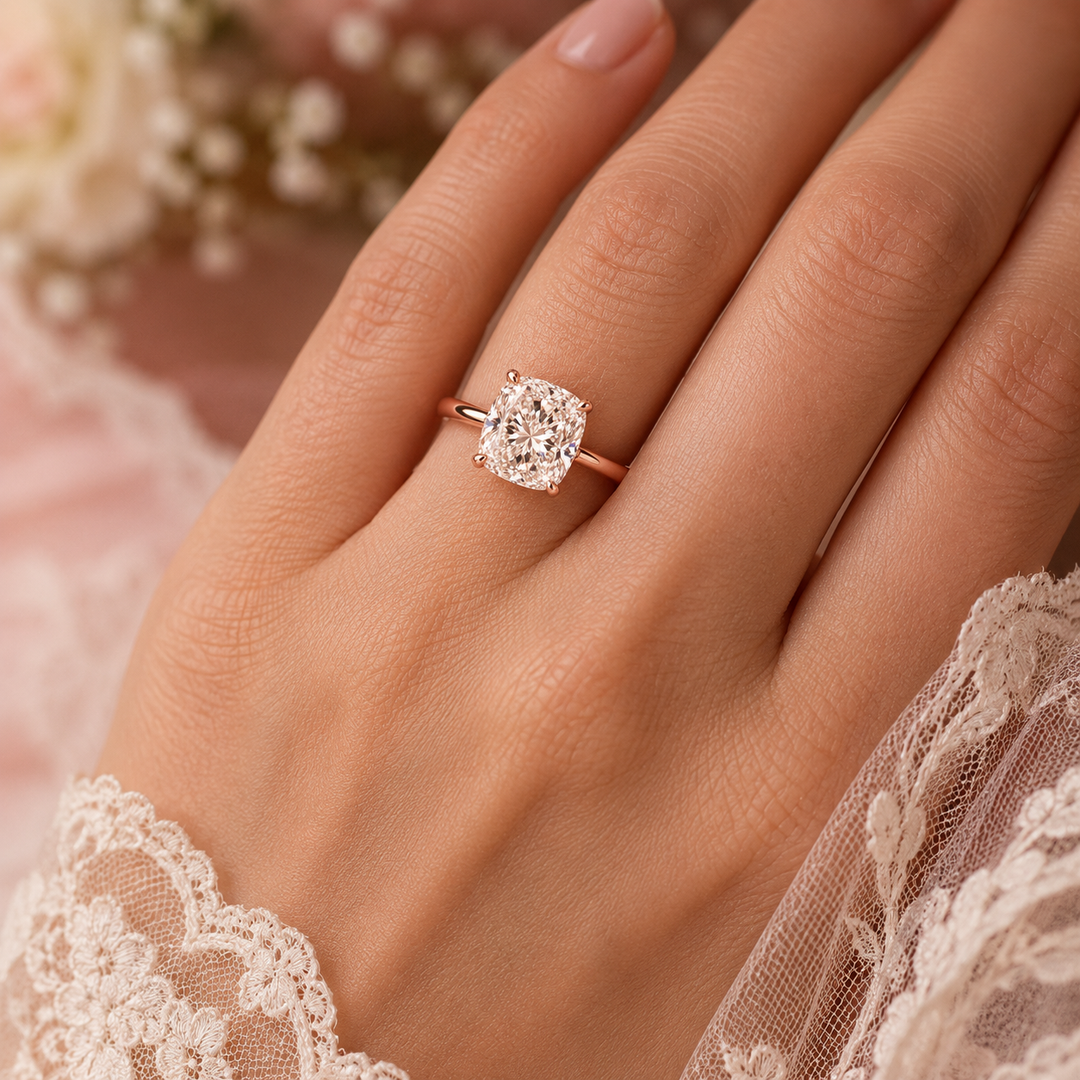 Elongated Cushion Cut Solitaire Engagement Ring in Lab Created Diamond in Rose Gold