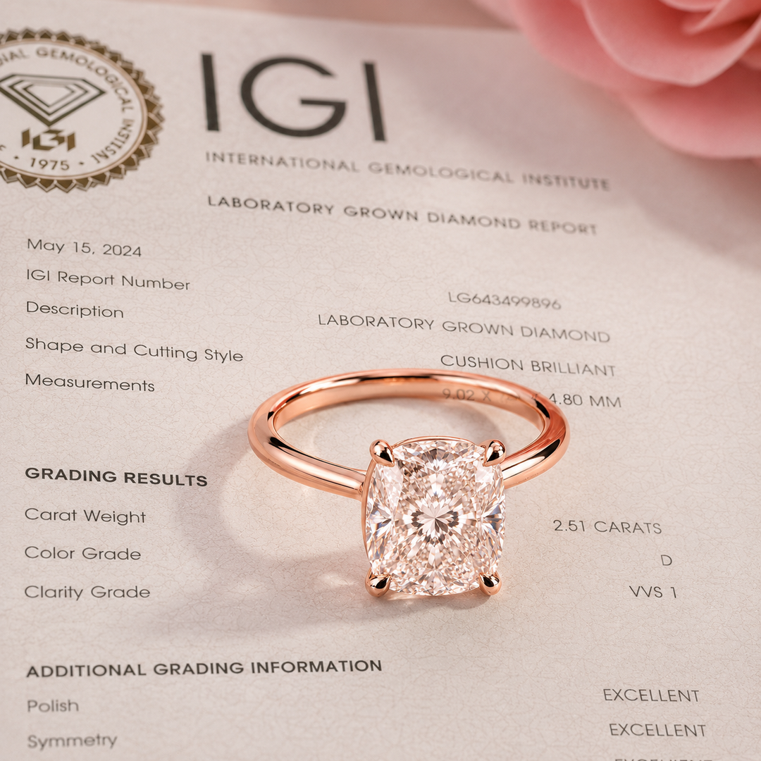 Elongated Cushion Cut Solitaire Engagement Ring in Lab Created Diamond in Rose Gold