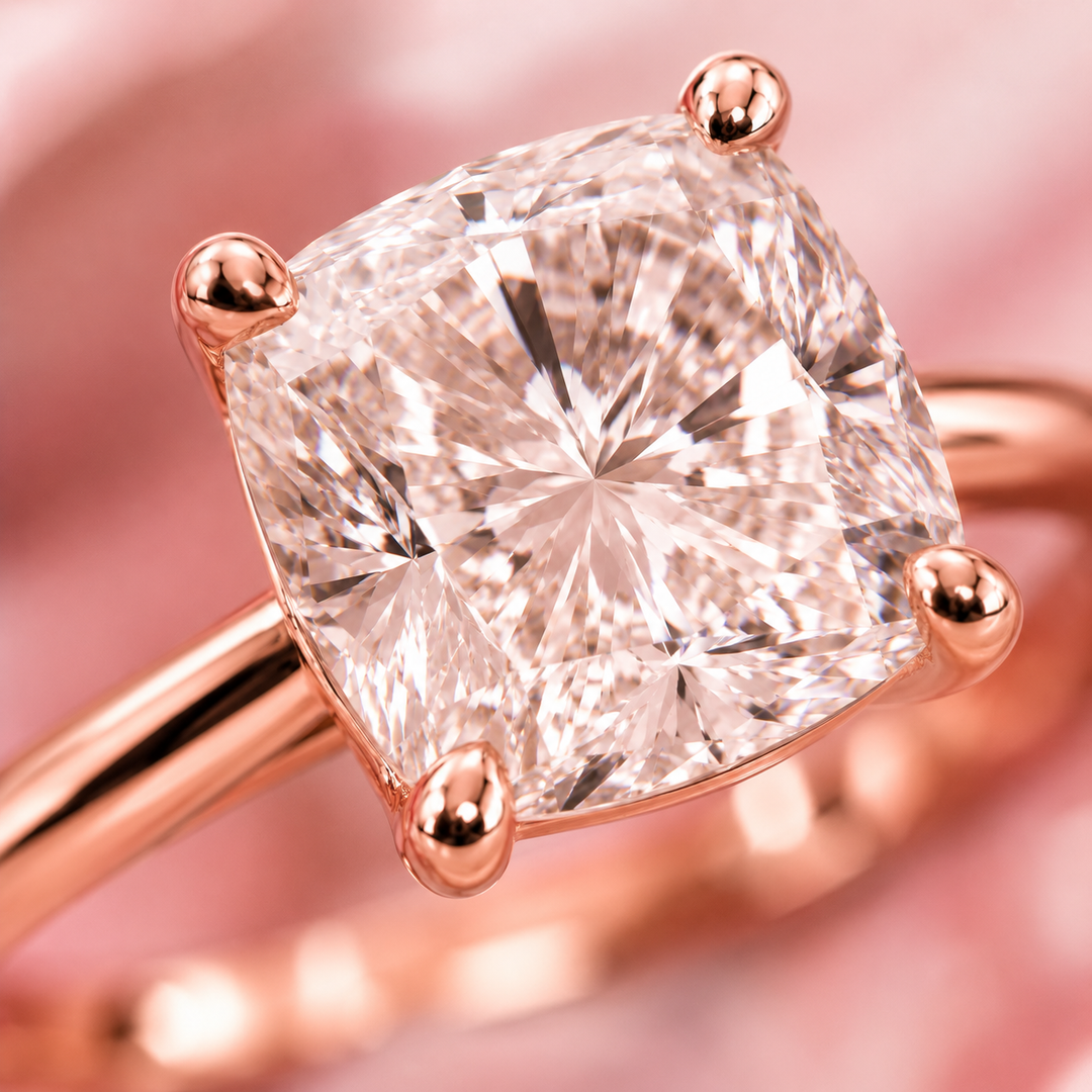 Elongated Cushion Cut Solitaire Engagement Ring in Lab Created Diamond in Rose Gold
