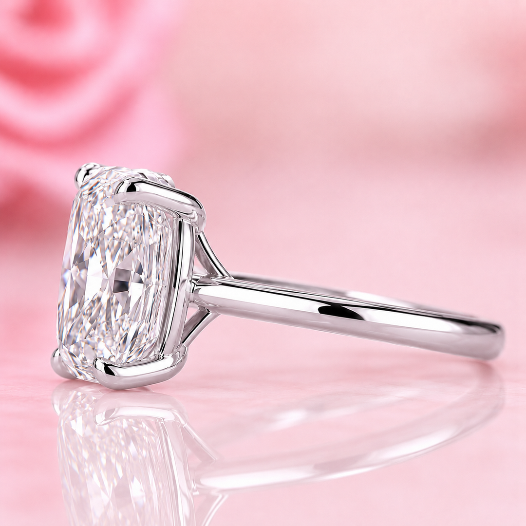 Elongated Cushion Cut Solitaire Engagement Ring in Lab Created Diamond in White Gold