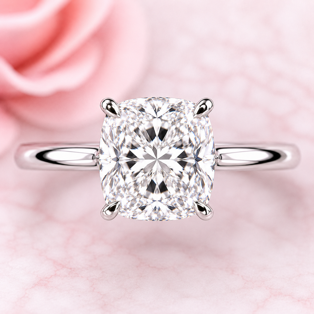 Elongated Cushion Cut Solitaire Engagement Ring in Lab Created Diamond in 925 Sterling Silver