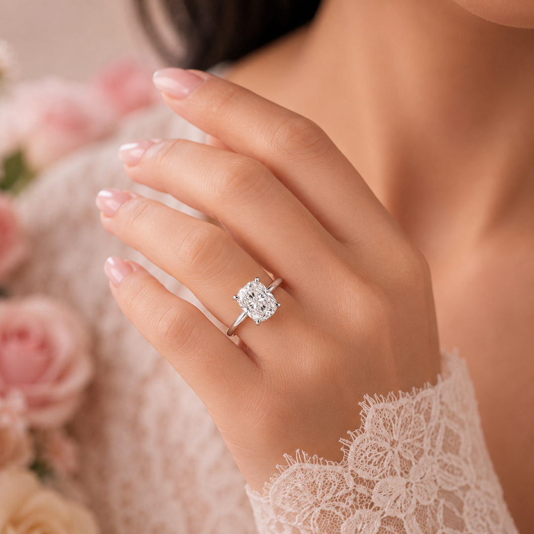 Elongated Cushion Cut Solitaire Engagement Ring in Lab Created Diamond in White Gold