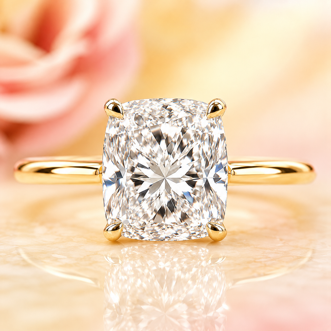 Elongated Cushion Cut Solitaire Engagement Ring in Lab Created Diamond in Yellow Gold
