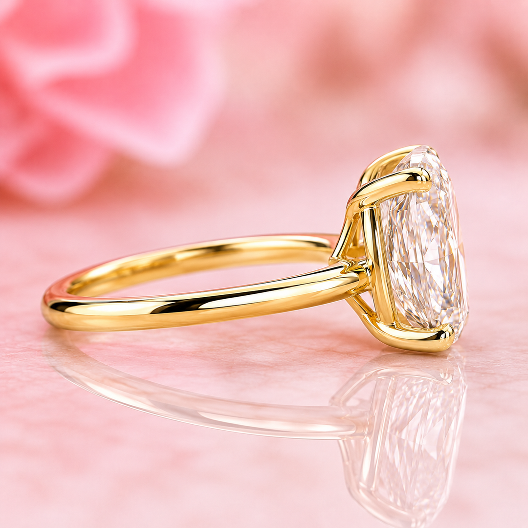 Elongated Cushion Cut Solitaire Engagement Ring in Lab Created Diamond in Yellow Gold