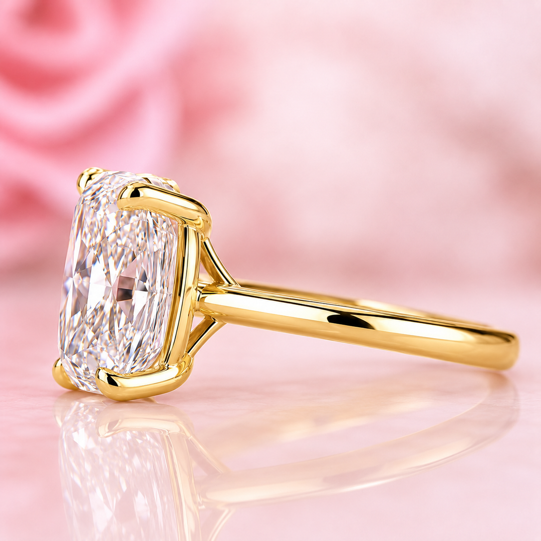 Elongated Cushion Cut Solitaire Engagement Ring in Lab Created Diamond in Yellow Gold