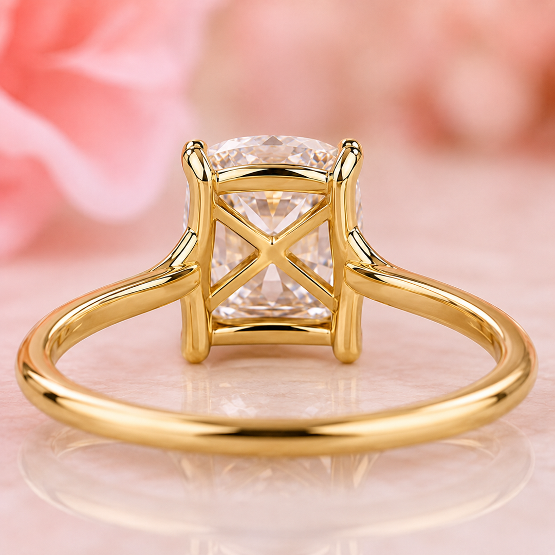 Elongated Cushion Cut Solitaire Engagement Ring in Lab Created Diamond in Yellow Gold