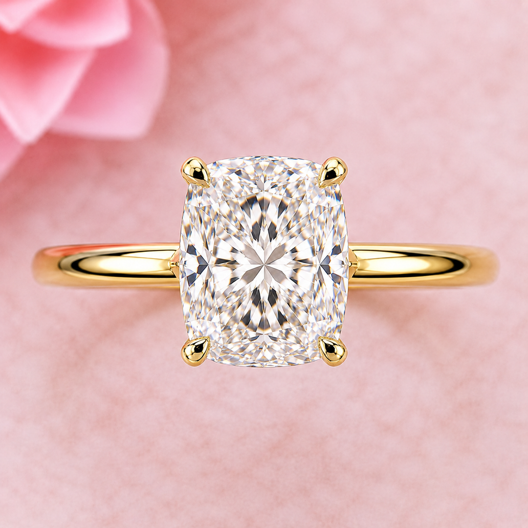 Elongated Cushion Cut Solitaire Engagement Ring in Lab Created Diamond in Yellow Gold