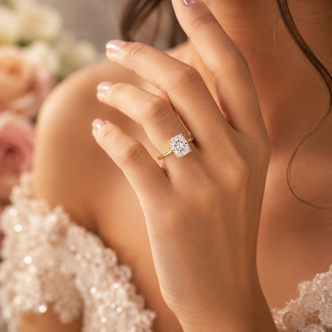 Elongated Cushion Cut Solitaire Engagement Ring in Lab Created Diamond in Yellow Gold