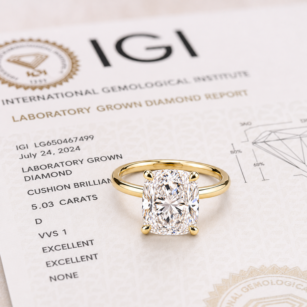 Elongated Cushion Cut Solitaire Engagement Ring in Lab Created Diamond in Yellow Gold