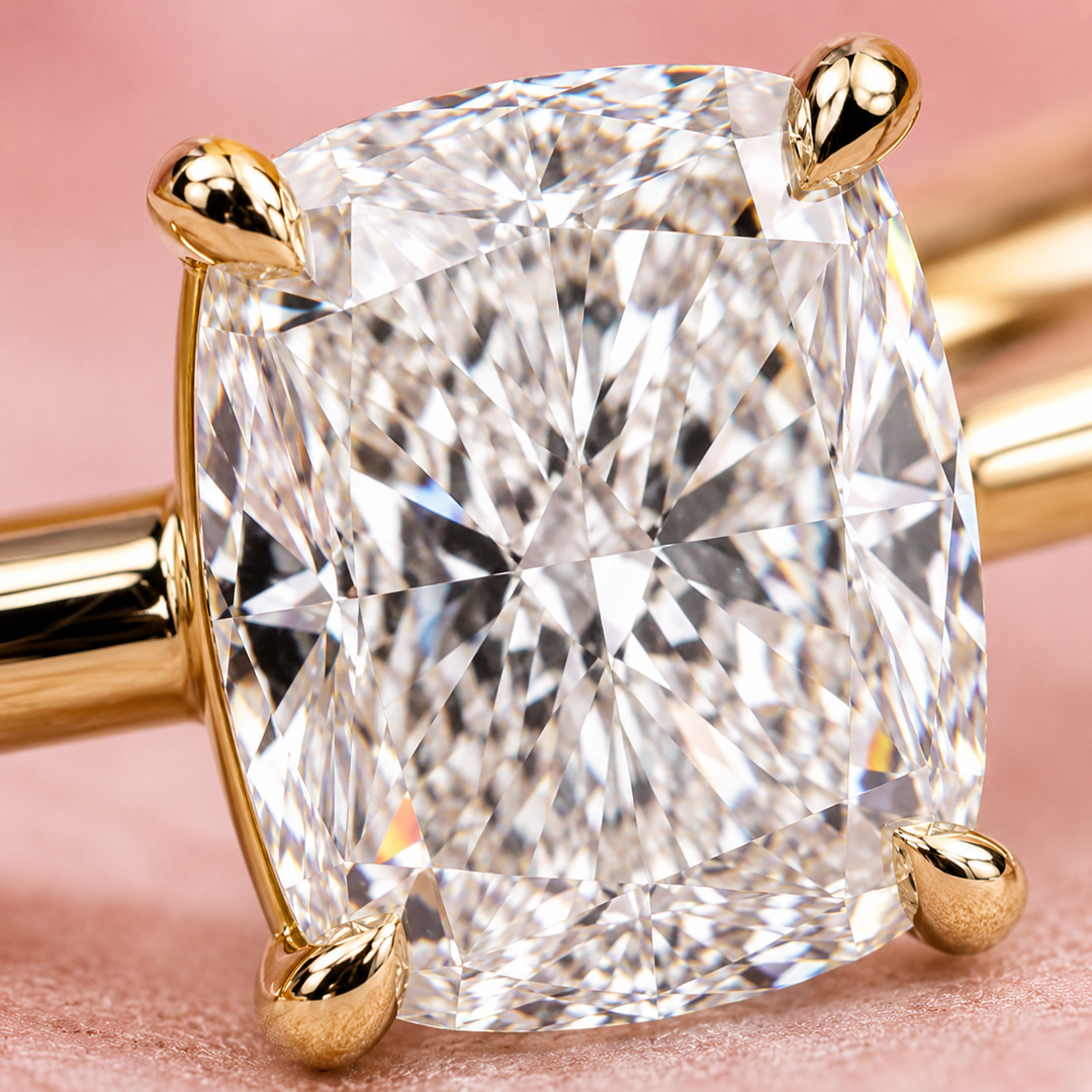 Elongated Cushion Cut Solitaire Engagement Ring in Lab Created Diamond in Yellow Gold