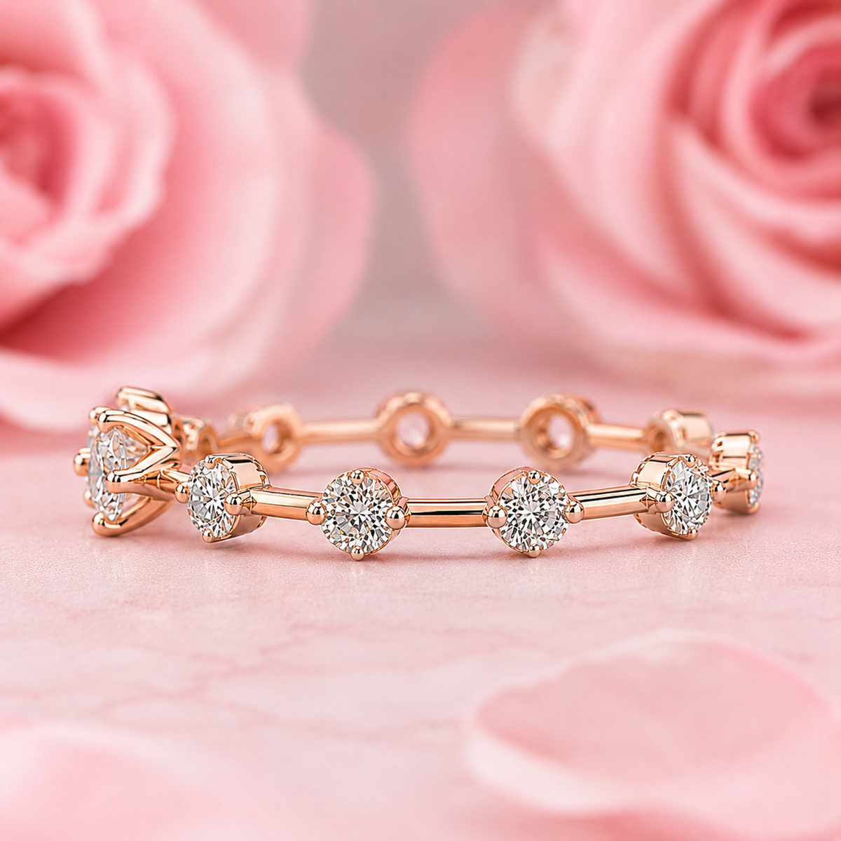 Floating bubble round lab grown diamond wedding band in rose gold