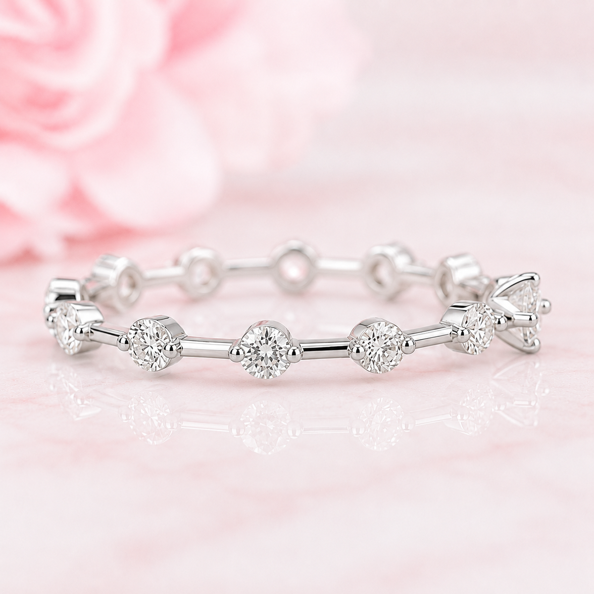 Floating bubble round lab grown diamond wedding band in white gold