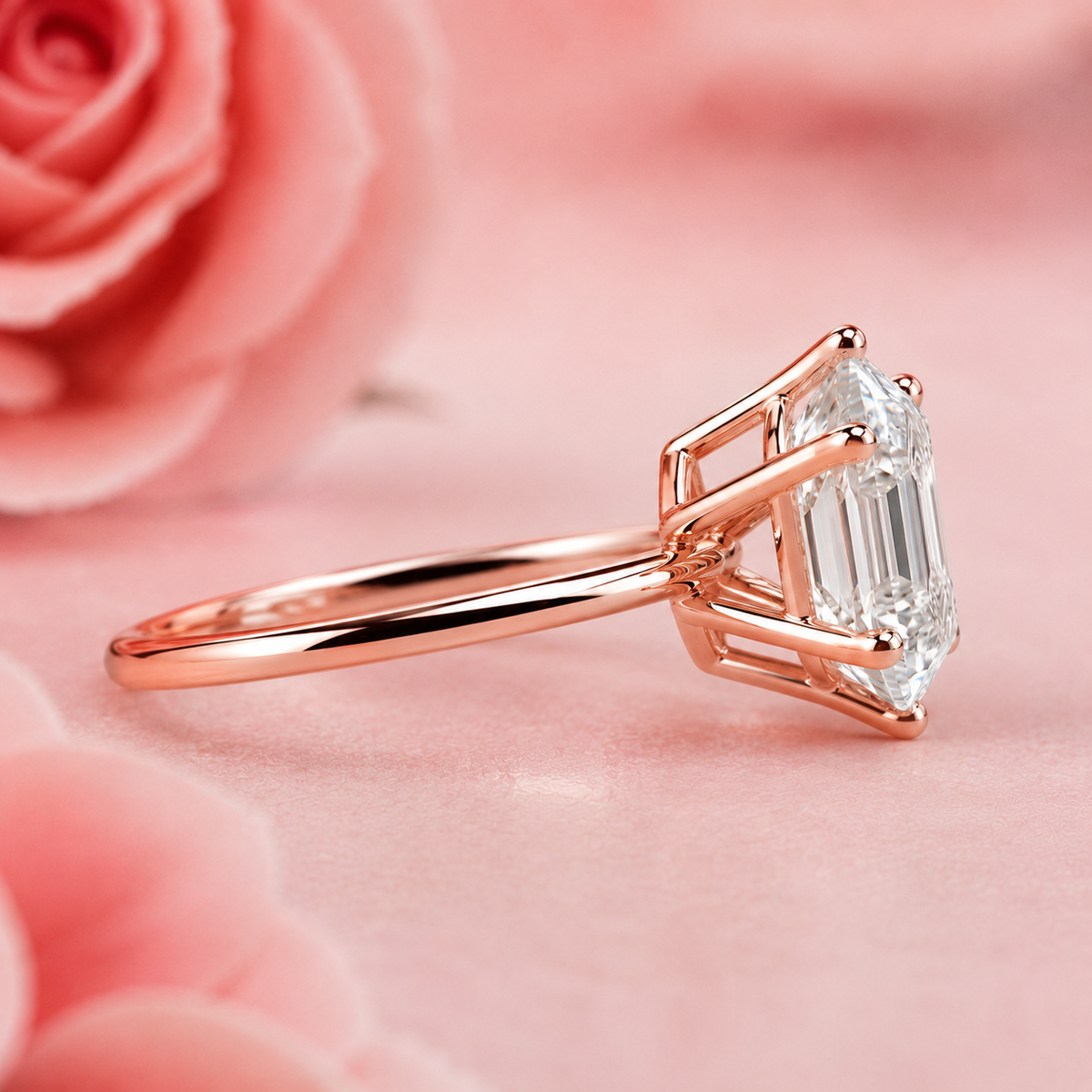 Hexagon step cut lab grown diamond solitaire engagement ring in rose gold