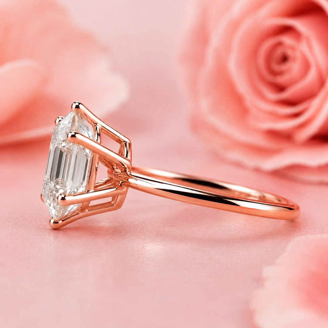 Hexagon Step Cut Lab Grown Diamond Solitaire Engagement Ring in Rose Gold