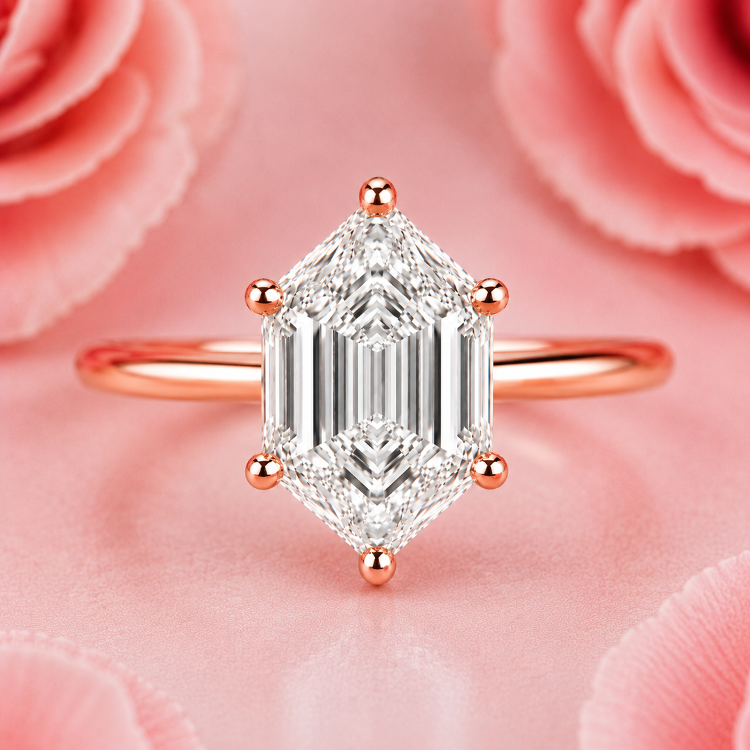 Hexagon Step Cut Lab Grown Diamond Solitaire Engagement Ring in Rose Gold