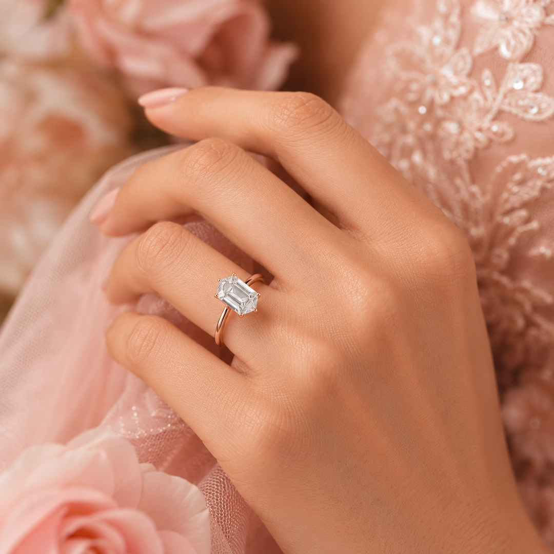Hexagon Step Cut Lab Grown Diamond Solitaire Engagement Ring in Rose Gold