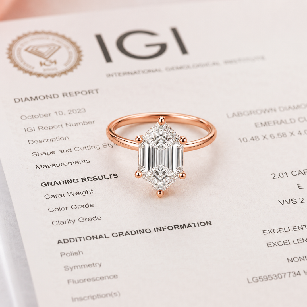 Hexagon Step Cut Lab Grown Diamond Solitaire Engagement Ring in Rose Gold
