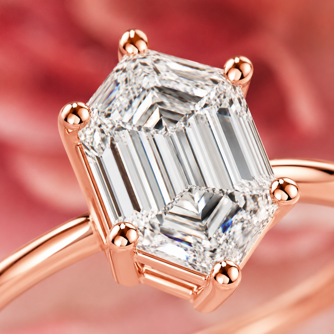 Hexagon Step Cut Lab Grown Diamond Solitaire Engagement Ring in Rose Gold