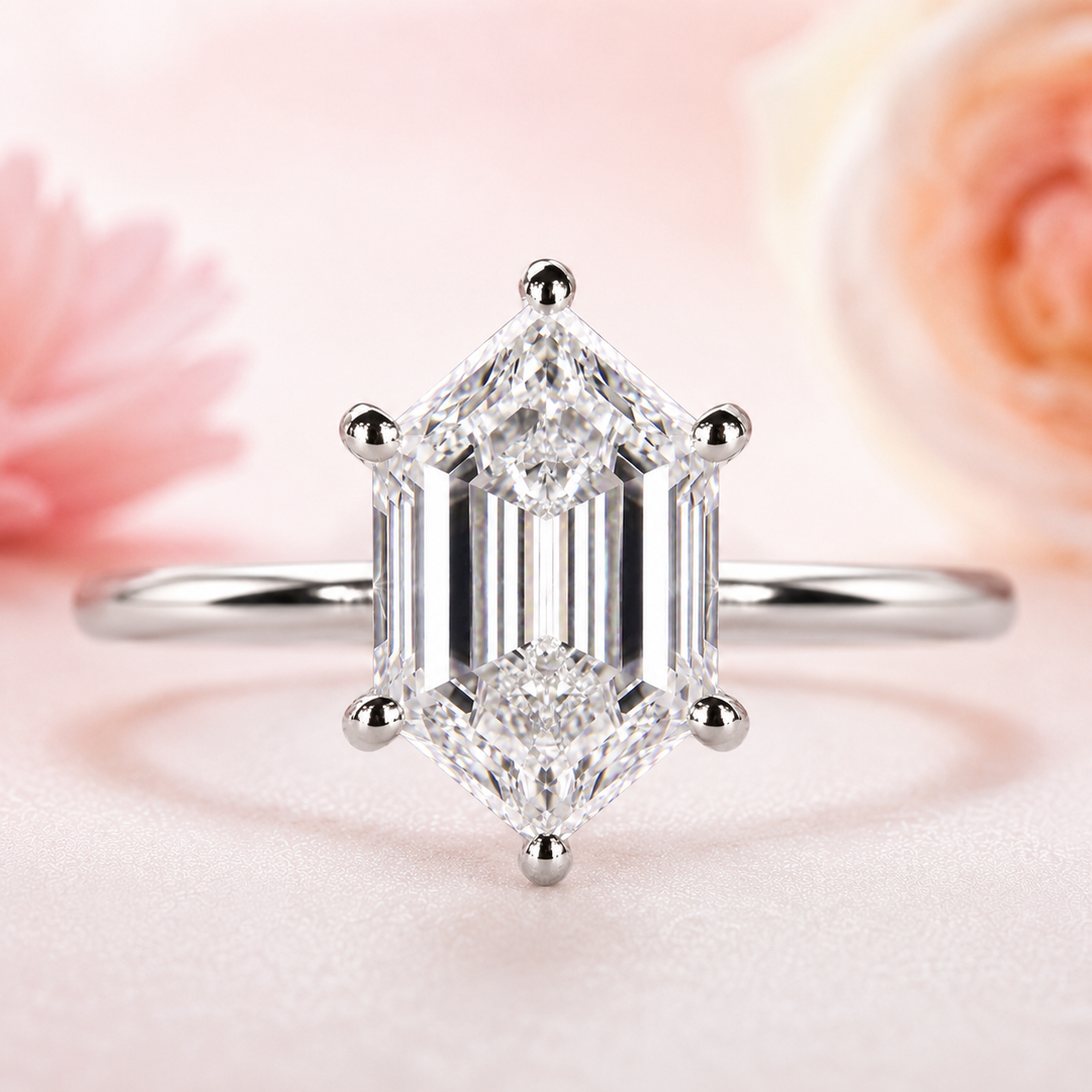 Hexagon Step Cut Lab Grown Diamond Solitaire Engagement Ring in White Gold