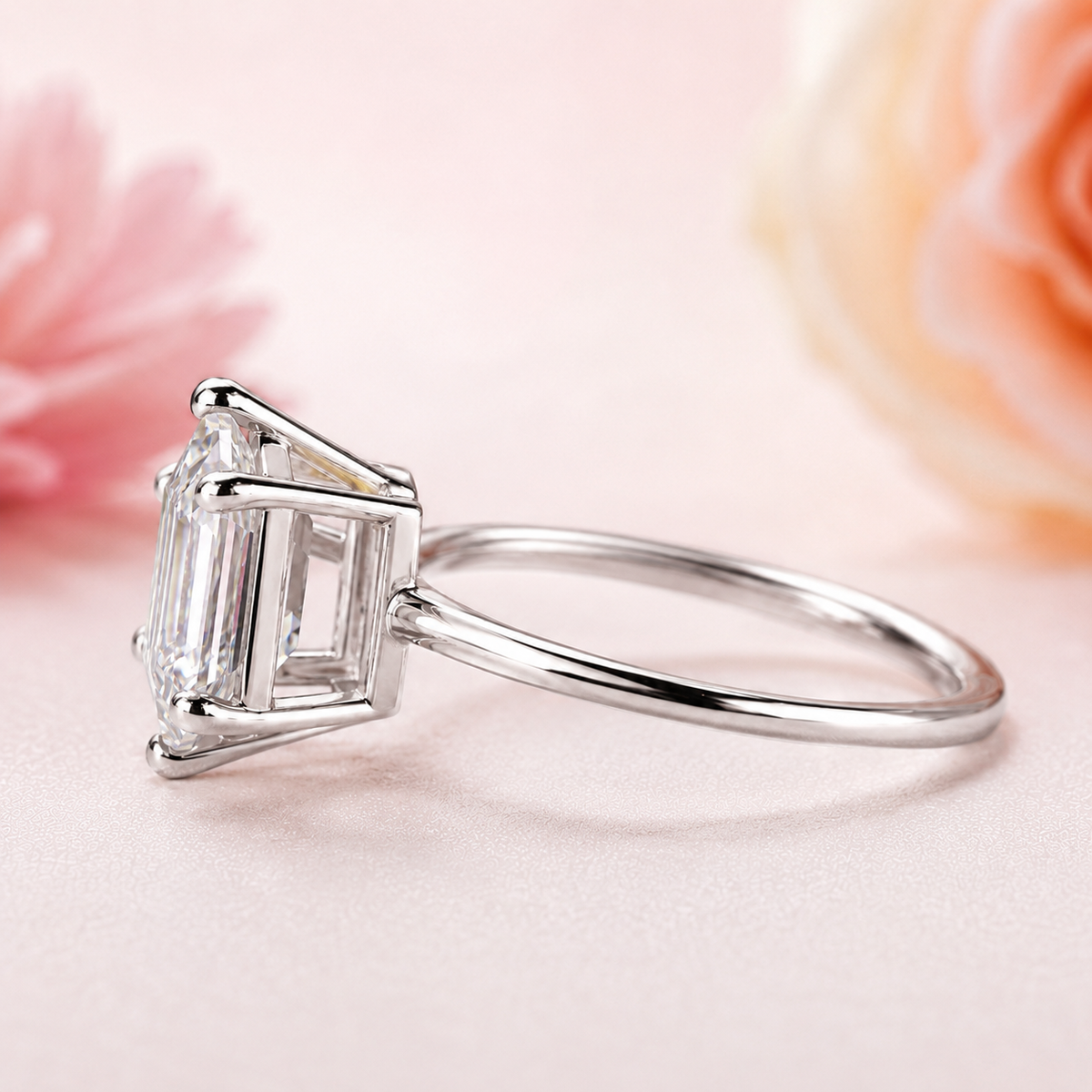 Hexagon step cut lab grown diamond solitaire engagement ring in 925 sterling silver