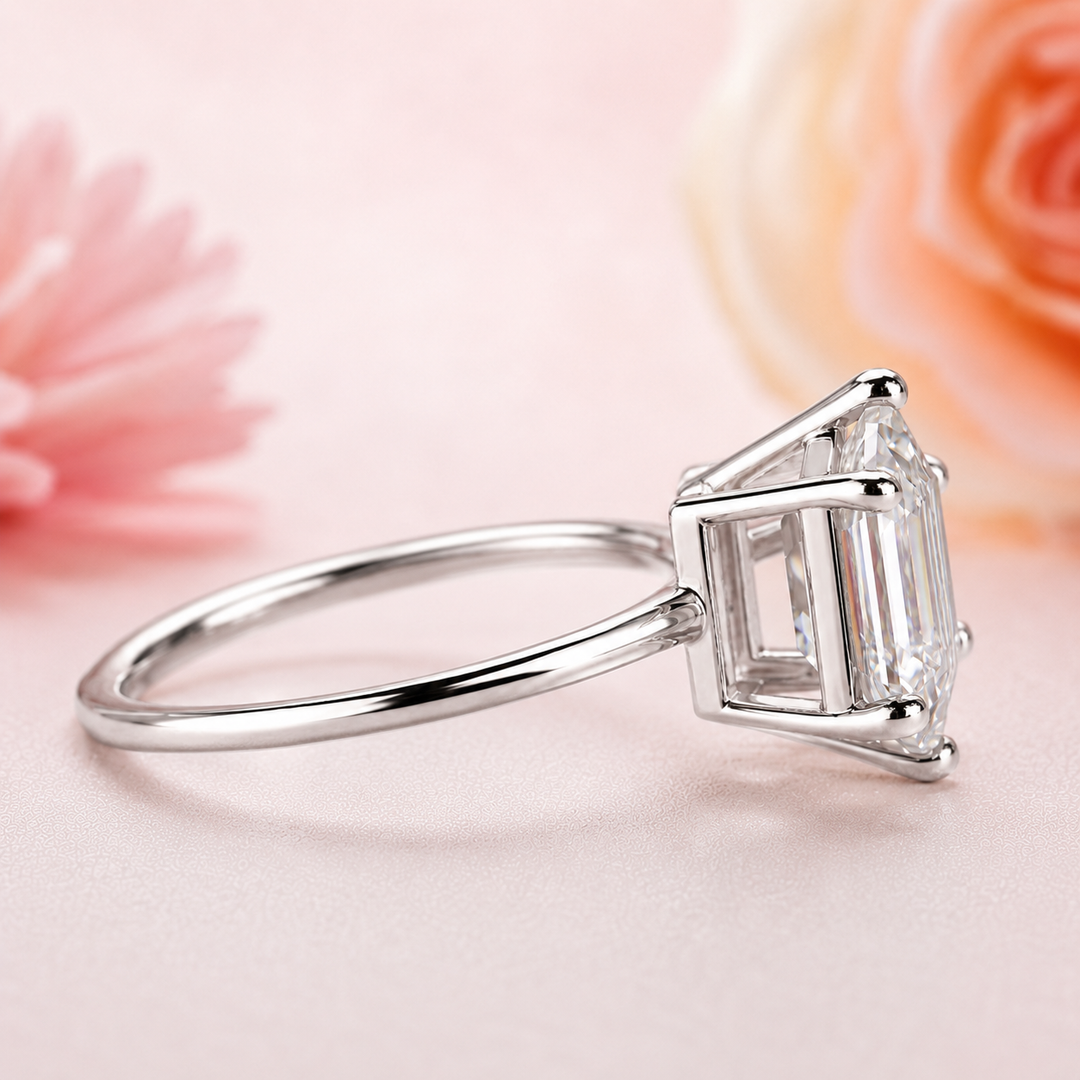 Hexagon Step Cut Lab Grown Diamond Solitaire Engagement Ring in White Gold
