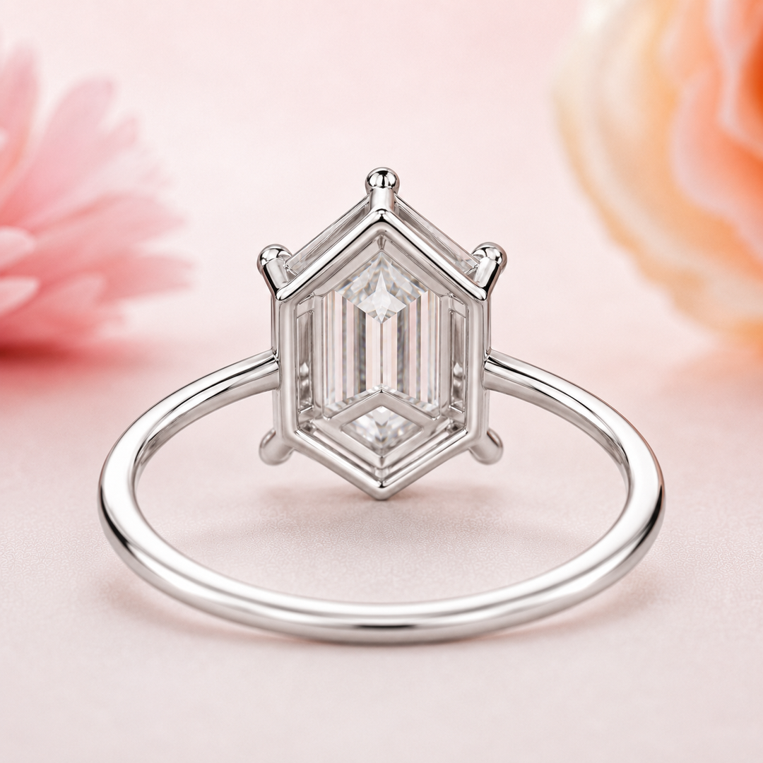 Hexagon Step Cut Lab Grown Diamond Solitaire Engagement Ring in White Gold