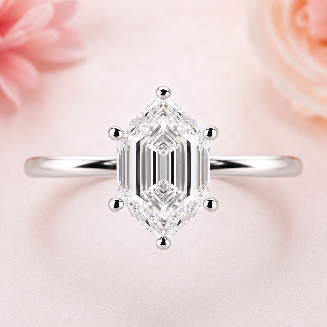 Hexagon Step Cut Lab Grown Diamond Solitaire Engagement Ring in White Gold