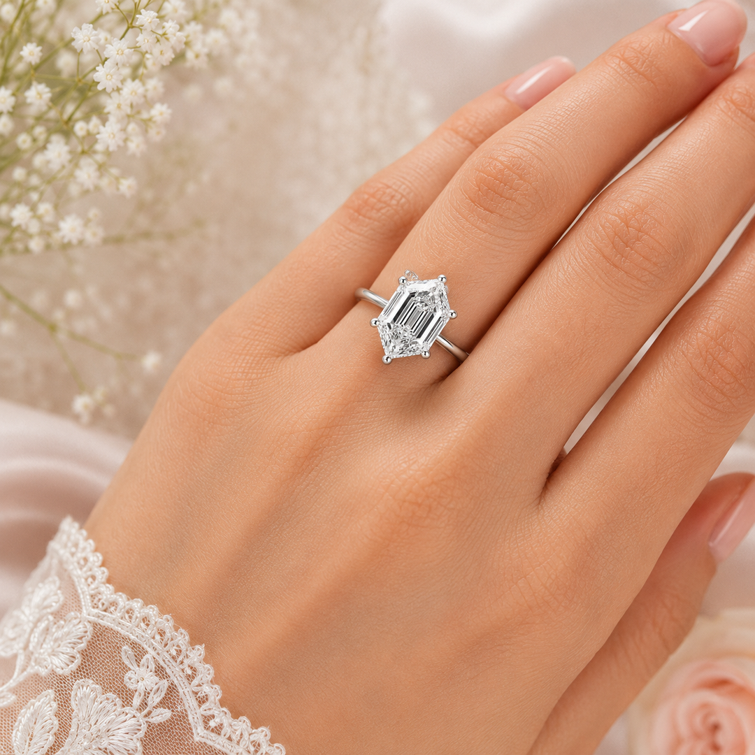 Hexagon Step Cut Lab Grown Diamond Solitaire Engagement Ring in White Gold