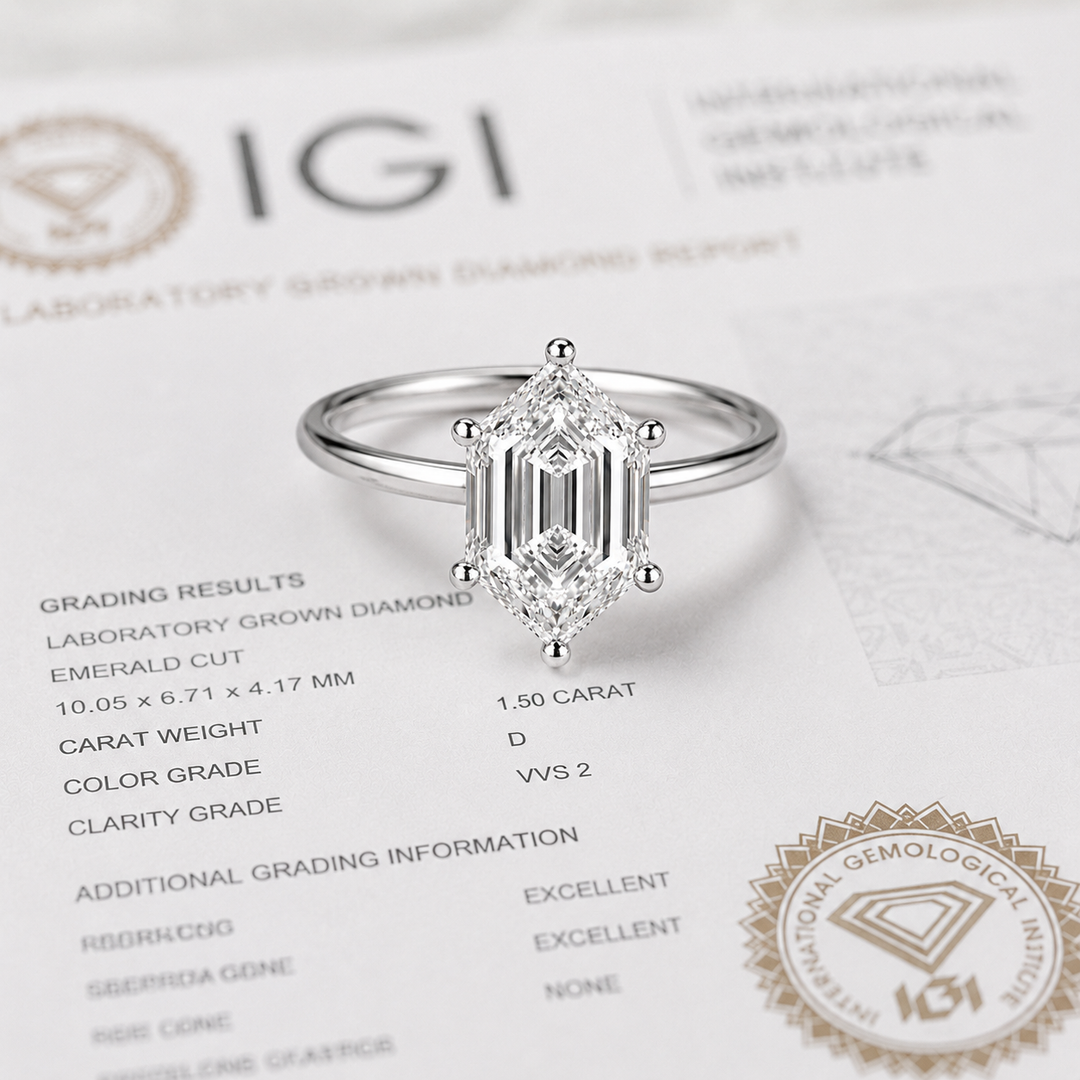 Hexagon Step Cut Lab Grown Diamond Solitaire Engagement Ring in White Gold