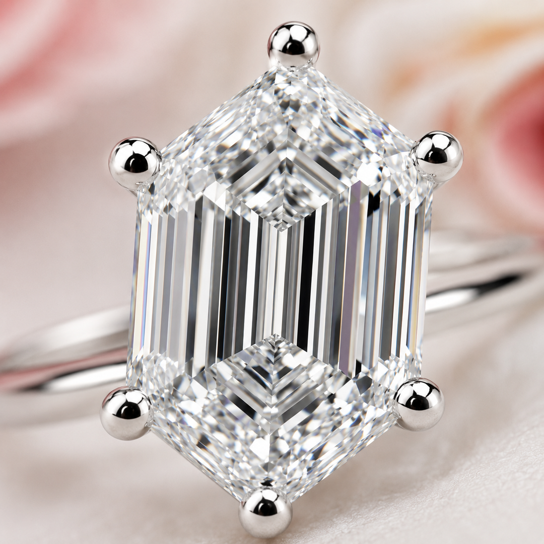 Hexagon Step Cut Lab Grown Diamond Solitaire Engagement Ring in 925 Sterling Silver