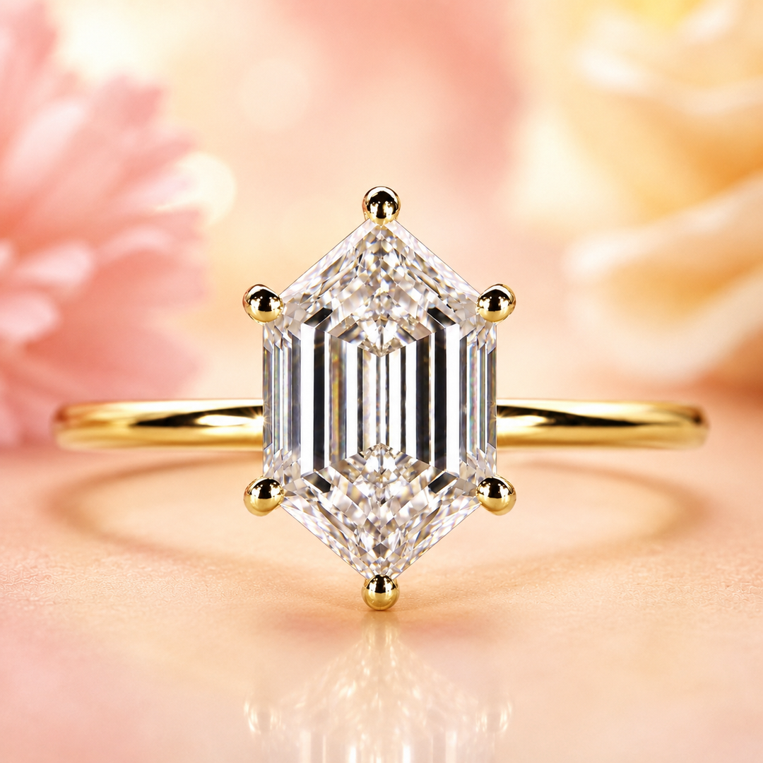 Hexagon Step Cut Lab Grown Diamond Solitaire Engagement Ring in Yellow Gold